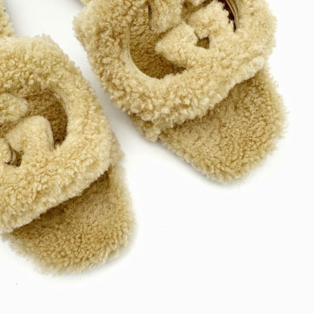 GUCCI Wool Shearling Fur GG Sandal Mule 37.5 Interlocking GG Logo Slip On Slide - Picture 3 of 11